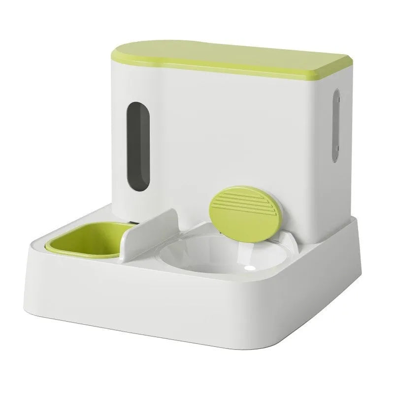 Grey automatic cat feeder with integrated water dispenser and double bowl design