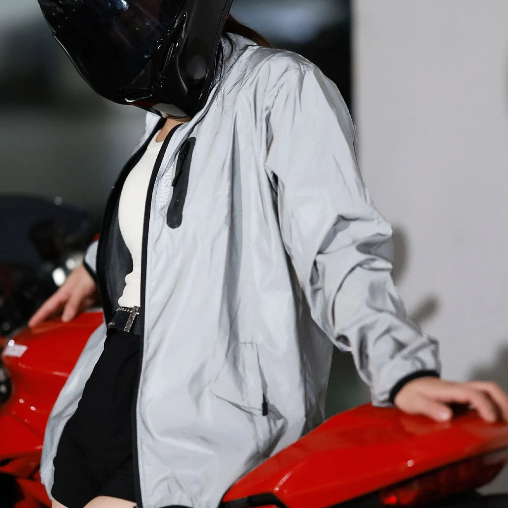 Silver BL220 waterproof polyester long-sleeved jacket on a hanger.