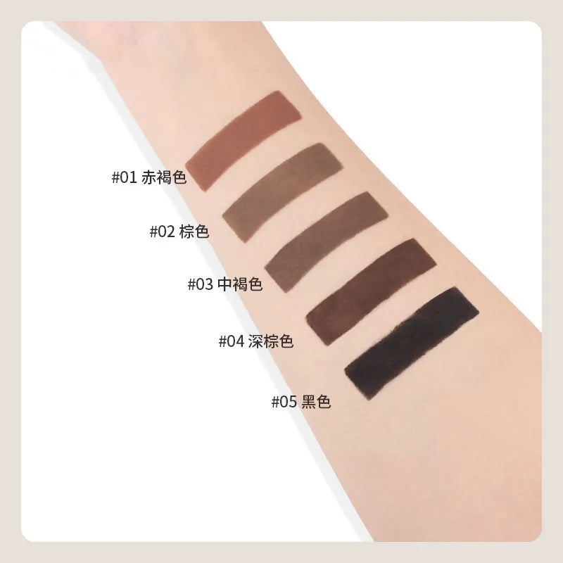 Double-headed eyebrow cream in five shades including reddish brown, brown, light brown, dark brown, and black