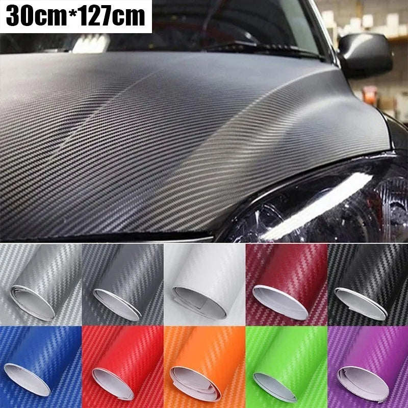 Carbon fibre pattern sticker roll showing eight colour options with 30x127 cm dimensions for car decoration