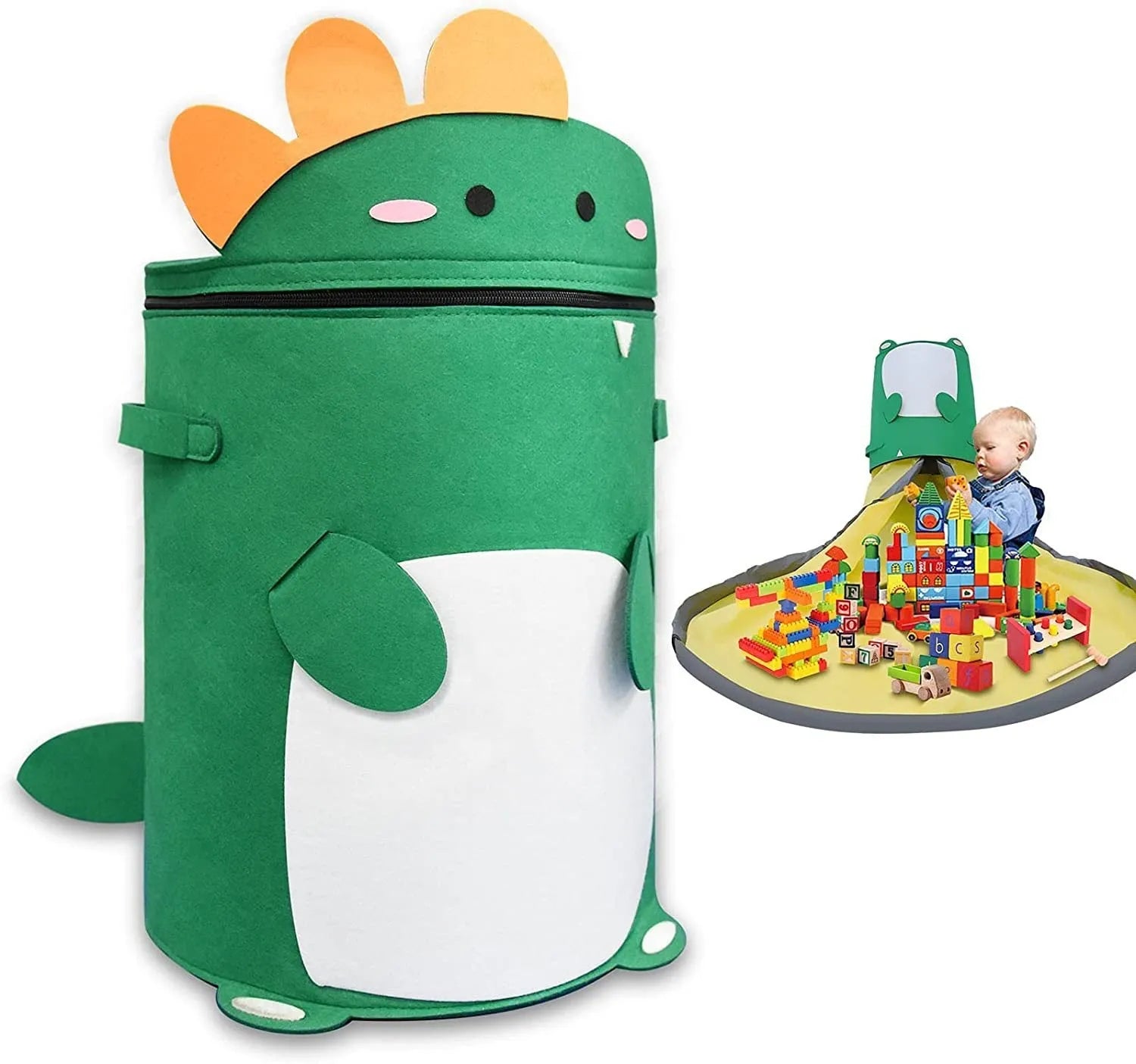 Green felt cube storage bag with pull rope closure lying flat as a play mat.