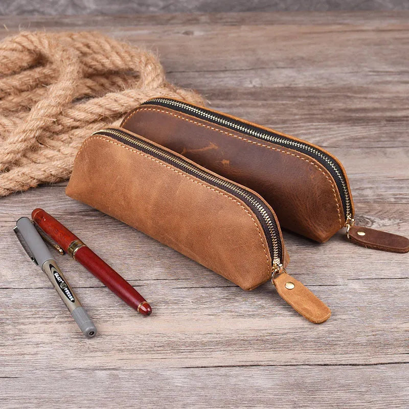 Handmade cowhide leather pencil case measuring 18cm long with zipper closure in black brown dark brown or yellow
