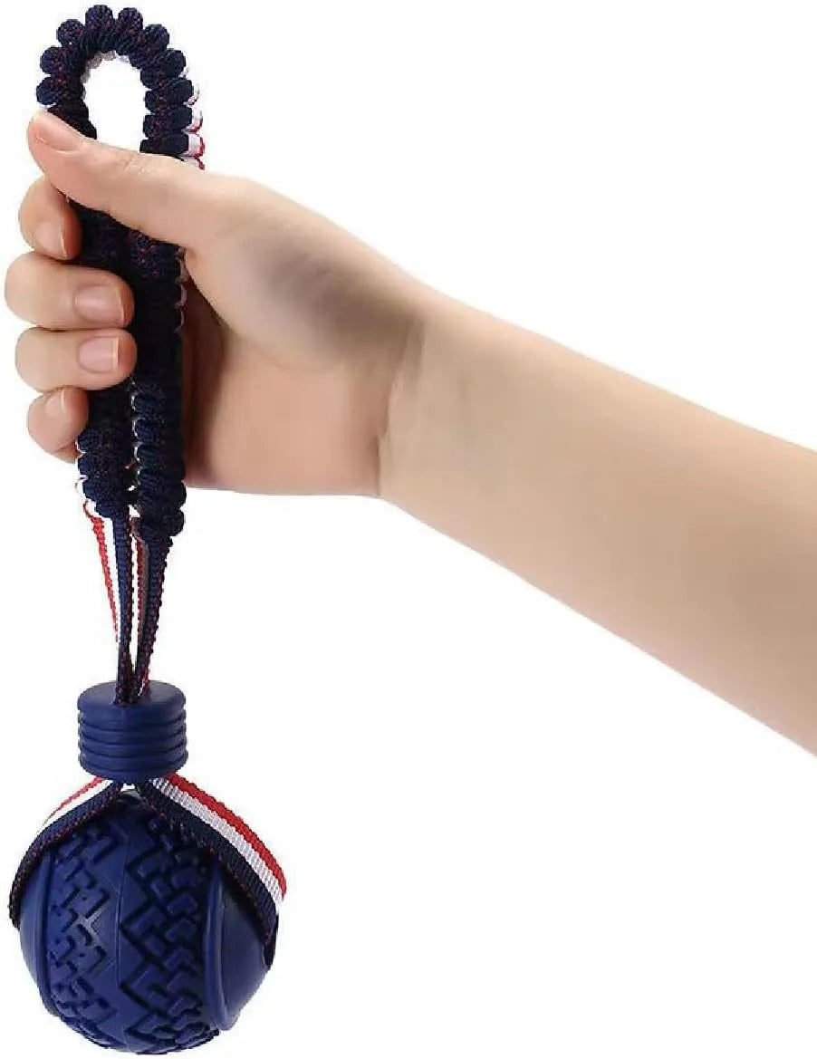 Blue and red natural rubber dog ball with rope toy for medium and small dogs
