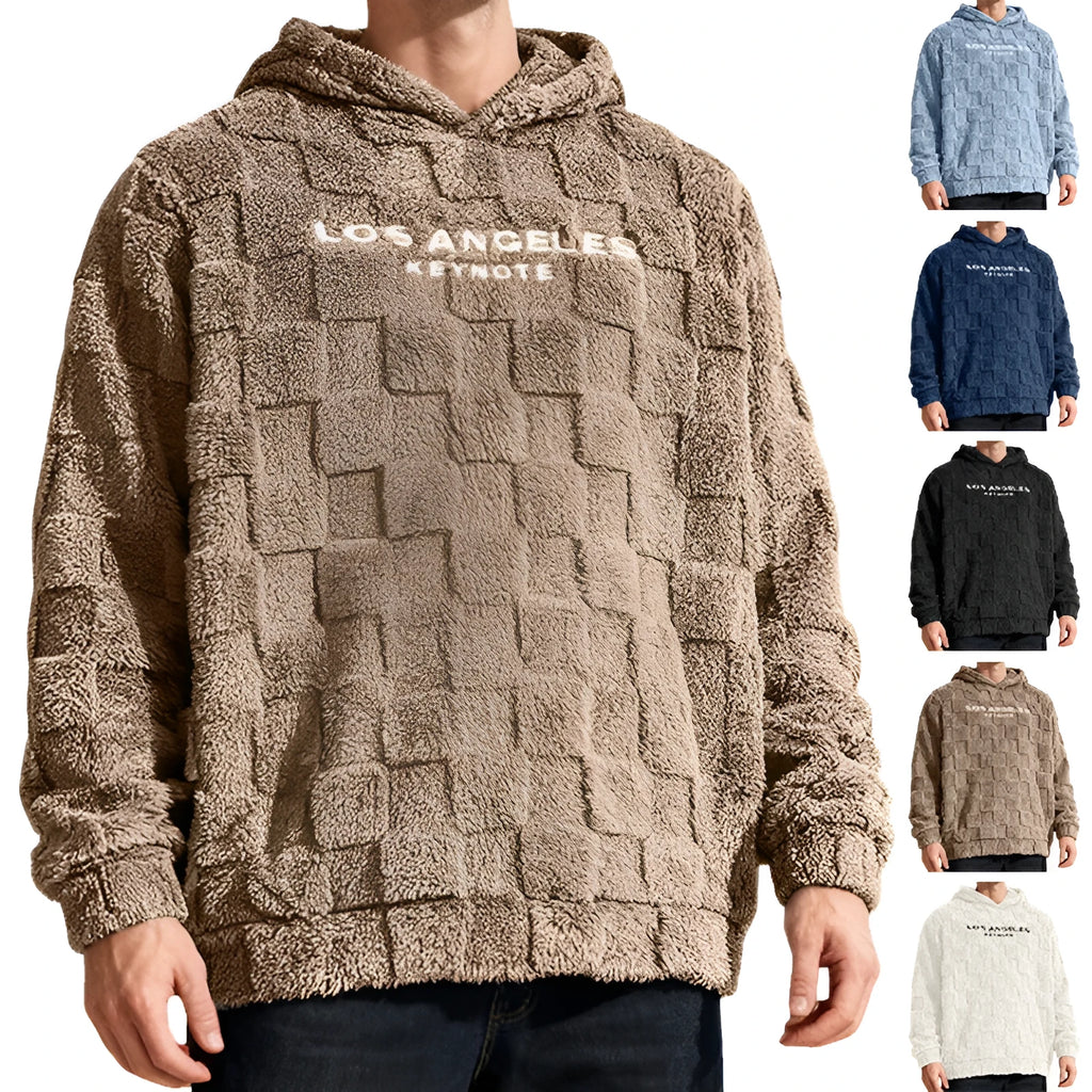 Men's hooded polar fleece thickening pullover sweater in beige, loose leisure sports style with long sleeves