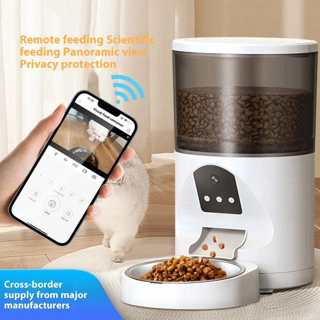 White smart visual pet feeder with 2K HD wide-angle camera and food tray for dogs and cats