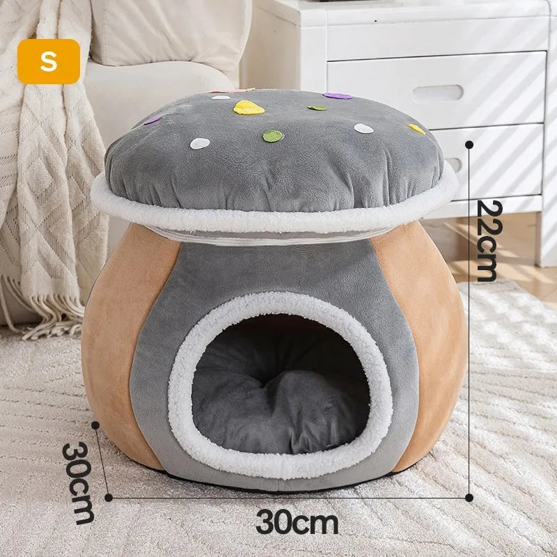Plush grey mushroom-shaped cat bed with a detachable rabbit fur blanket inside.