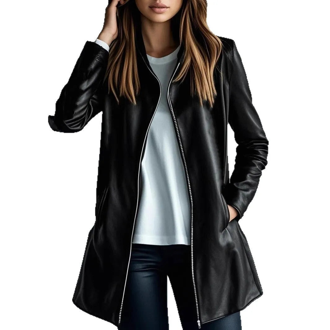 Women's black polyester leather jacket with medium 65cm length and long sleeves