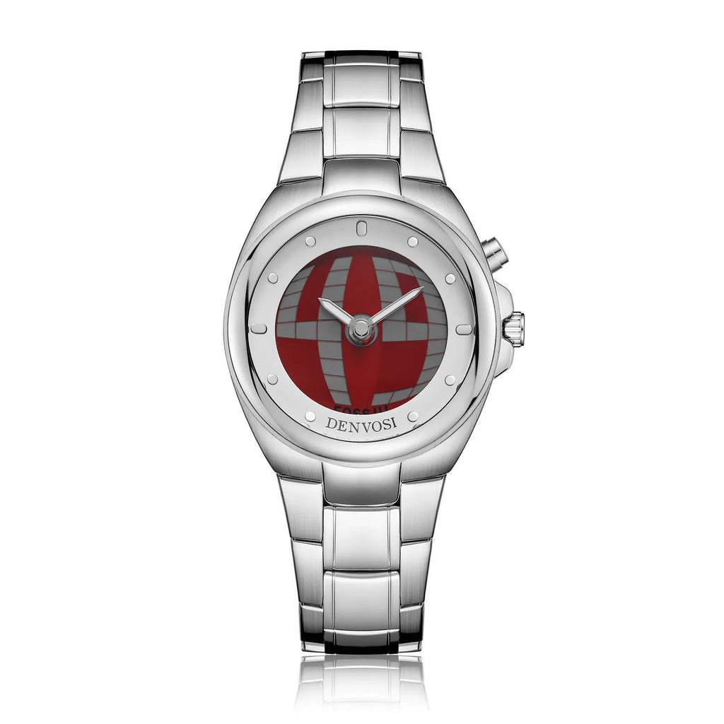 Men's Y2K vintage digital dual-display watch with alloy strap and stainless steel buckle, showing red face dial variant.