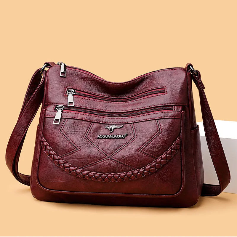 Soft leather women's crossbody shoulder bag in horizontal square shape with large capacity