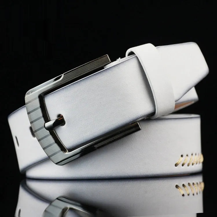 Men's imitation leather belt with pin buckle in black, brown or white colours showing retro pattern detailing