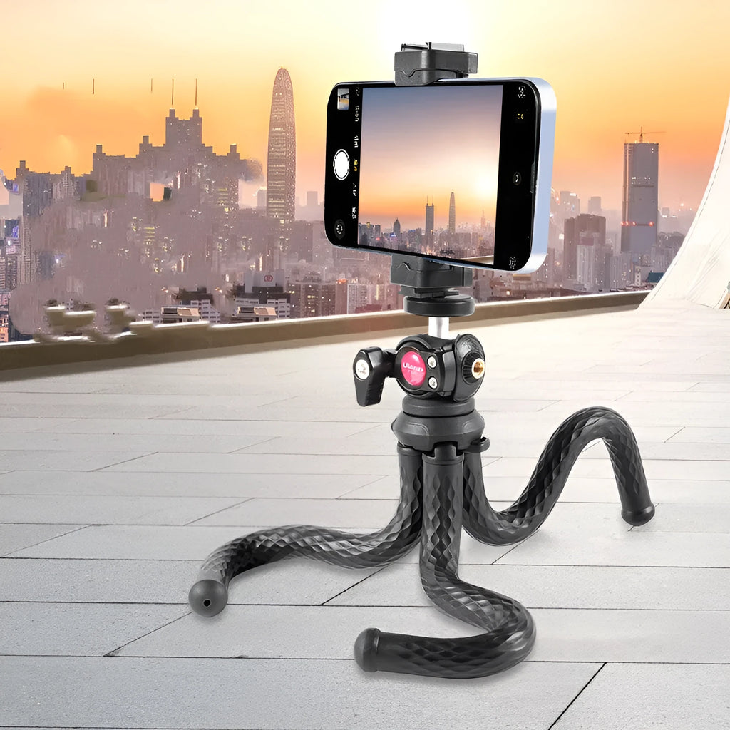 Black octopus mobile phone tripod set with aluminum alloy legs and phone clip, 360mm length