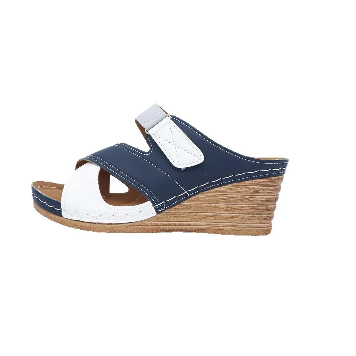 Women's black and red Velcro wedge platform slippers with a fish mouth toe.