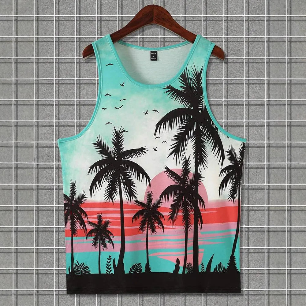 Man wearing a solid-colour sleeveless vest with a 3D printed Hawaiian pattern, showing pinhole fabric texture.