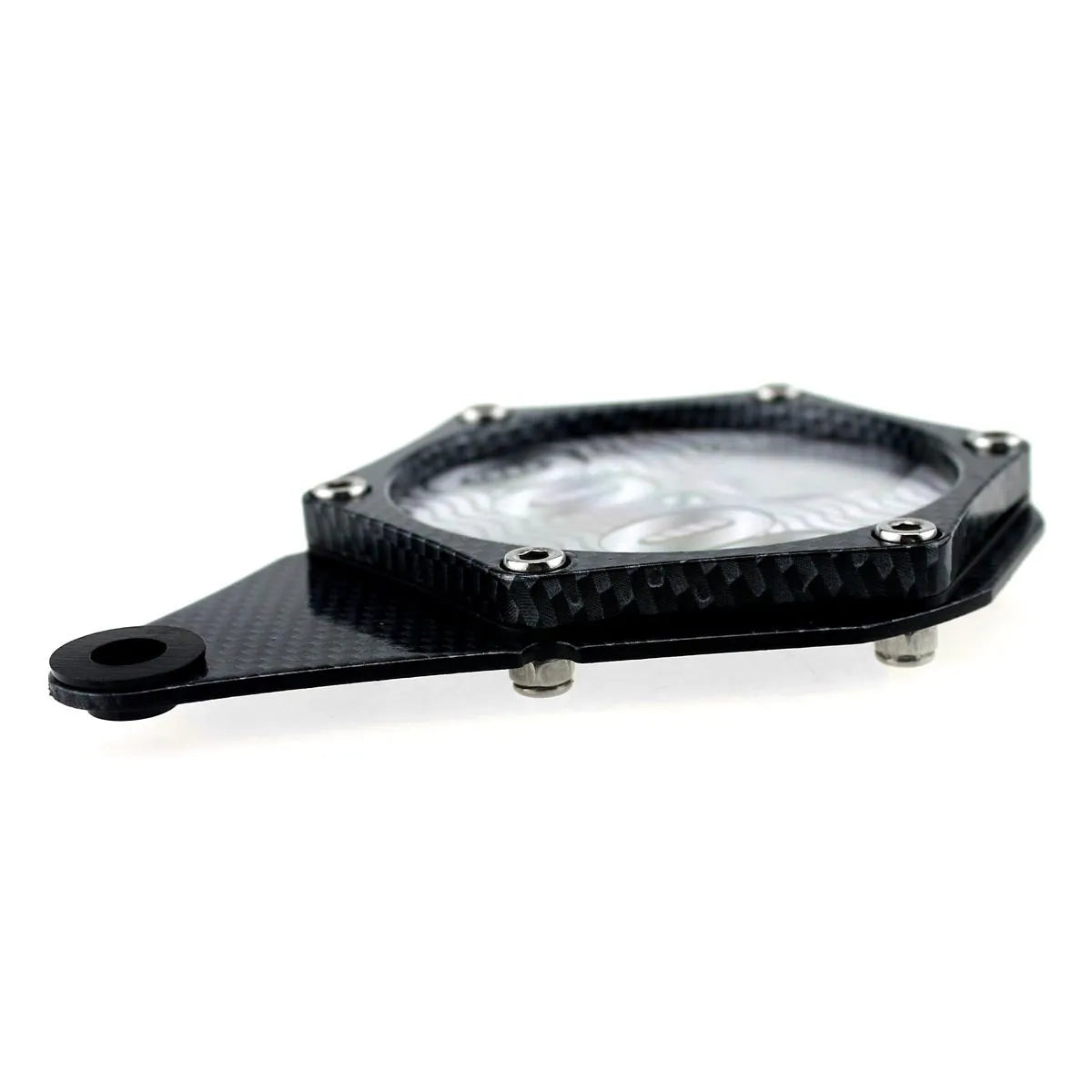 Black carbon fibre pattern motorcycle tax seal with six-corner screw measuring 100x7mm
