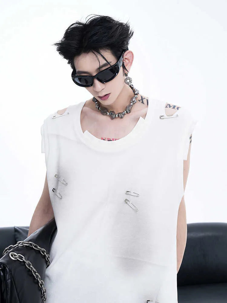 Men's black waistcoat vest with ripped irregular cutting detail, round neck, and sleeveless t-shirt style.