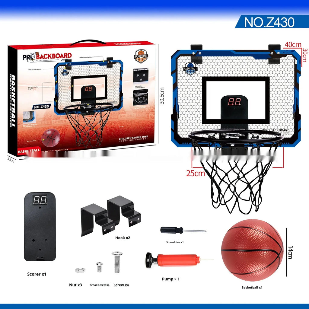 Folding basketball frame with parallel panels showing dunk scoring function and suction cup mounting