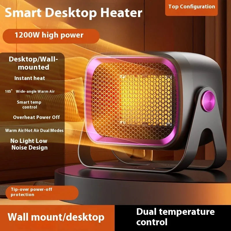 Compact grey desktop heater with ceramic heating technology and rotatable design