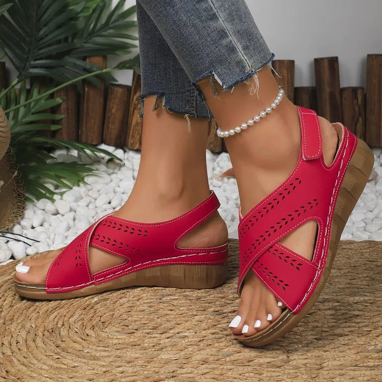 Plus size women's wedge sandals with back strap Velcro closure in white, low top round toe design