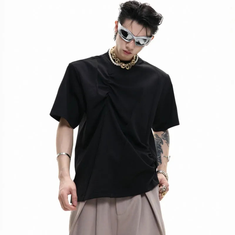 Men's black cotton T-shirt with three-dimensional pleated stitching and asymmetrical design details on round neck