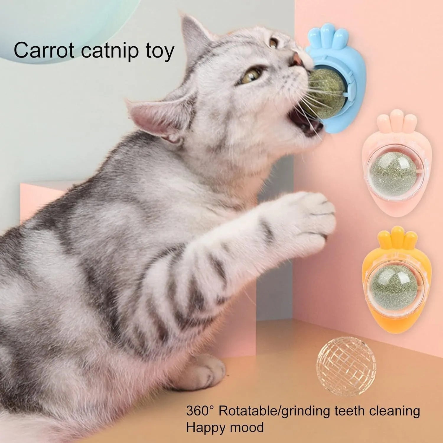Blue carrot-shaped catnip ball with self-adhesive sticker for wall mounting and feline teeth cleaning