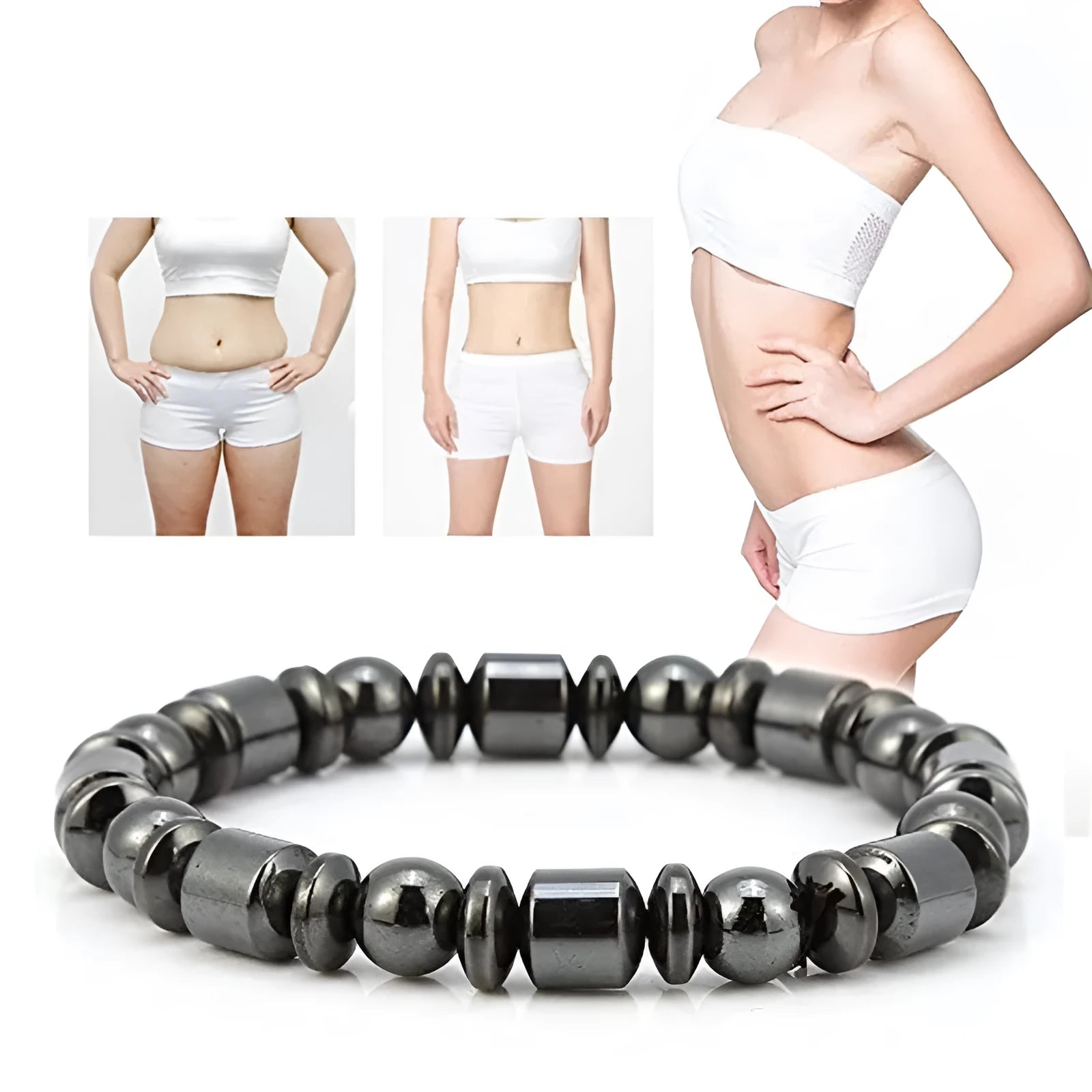 Black pentagram magnetic therapy bracelet with magnetite and hematite beads on wrist