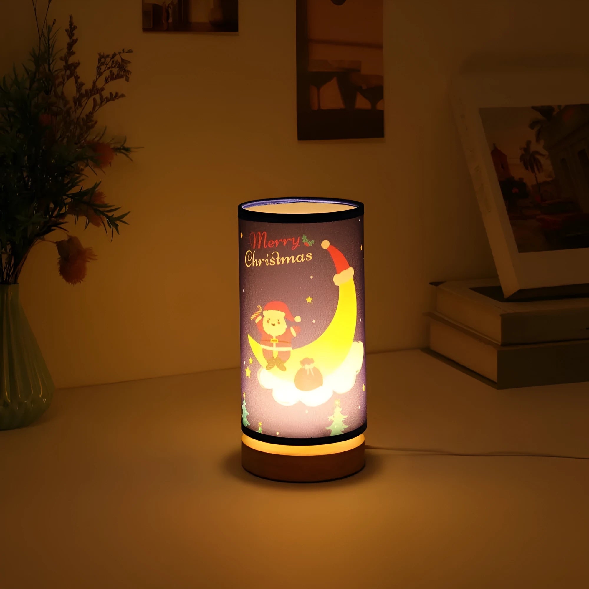 Moon Santa Claus figure LED night light with USB plug cable and bamboo lamp holder.