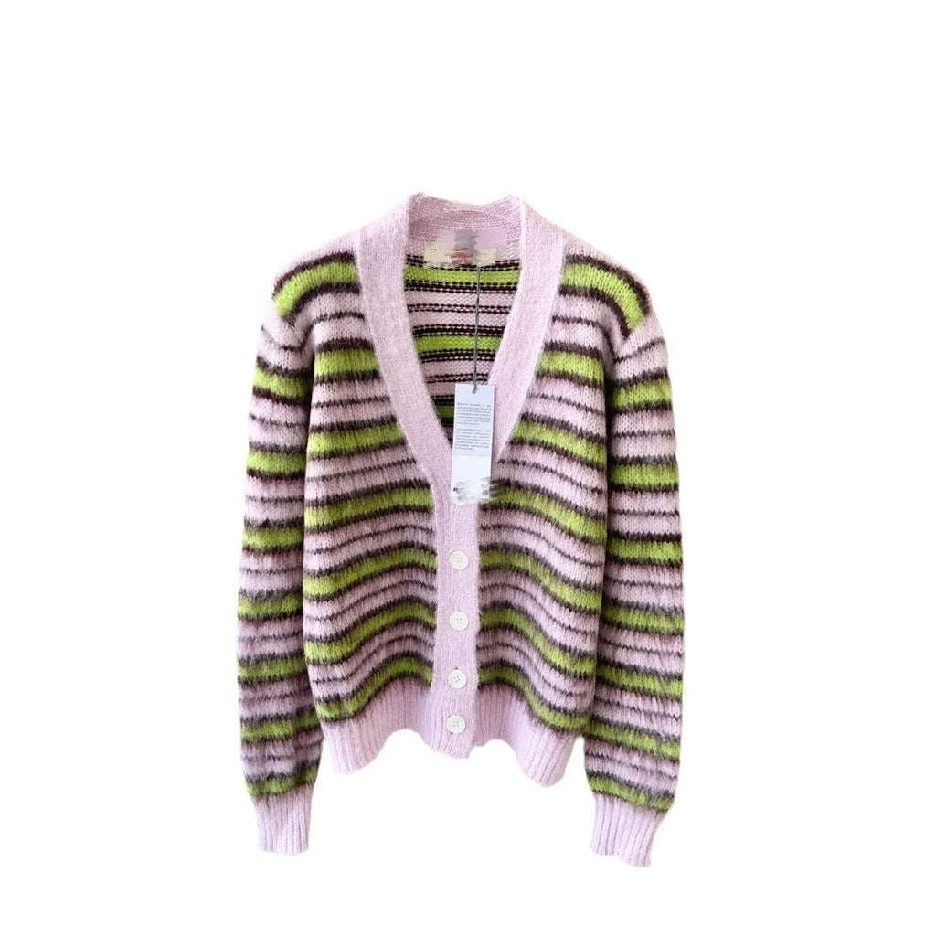 Pink women's wool knitted cardigan in socialite style with regular sleeves.