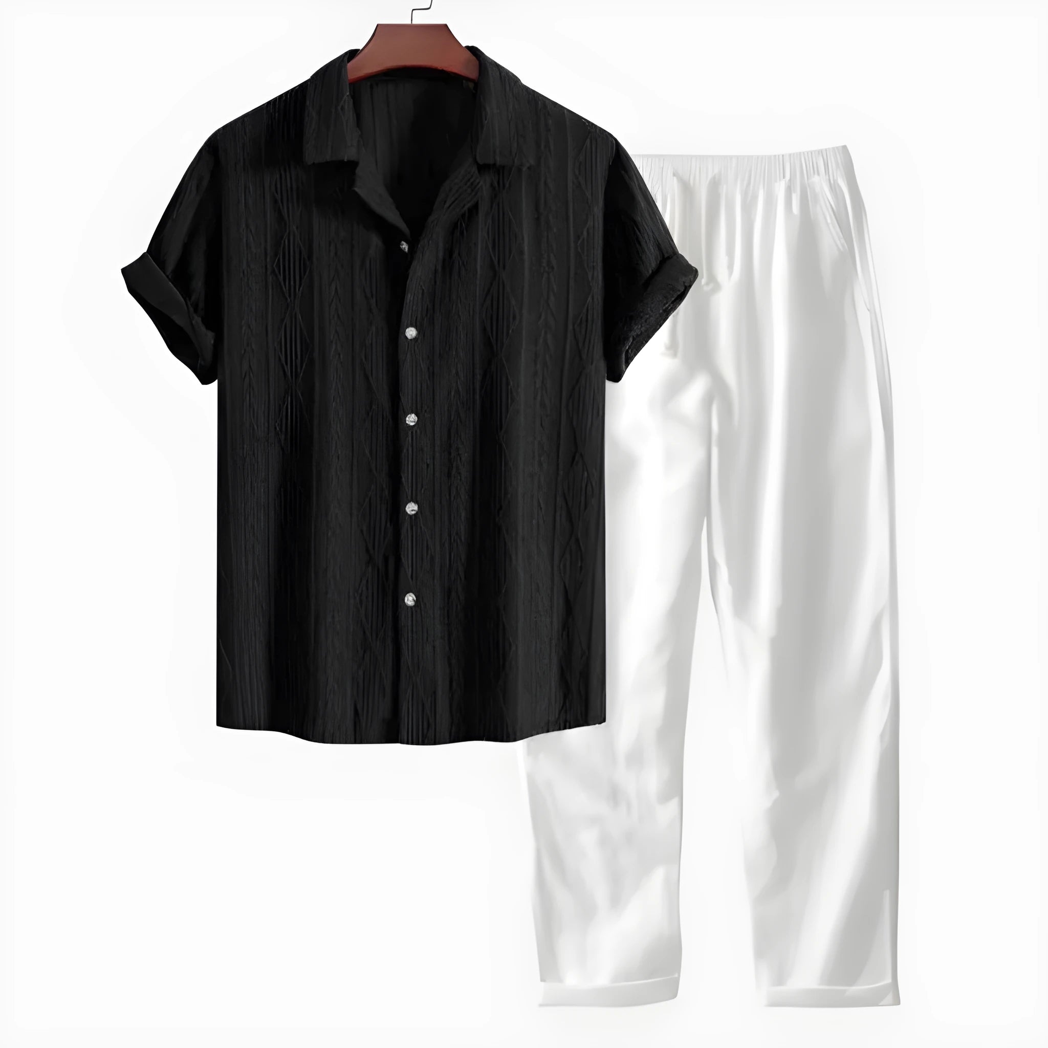 Linen polyester camouflage print shirt and trousers set in slim fit cardigan style
