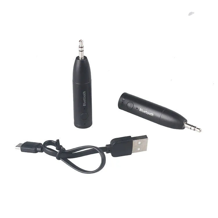 Black Bluetooth AUX audio receiver for car stereo with USB cable