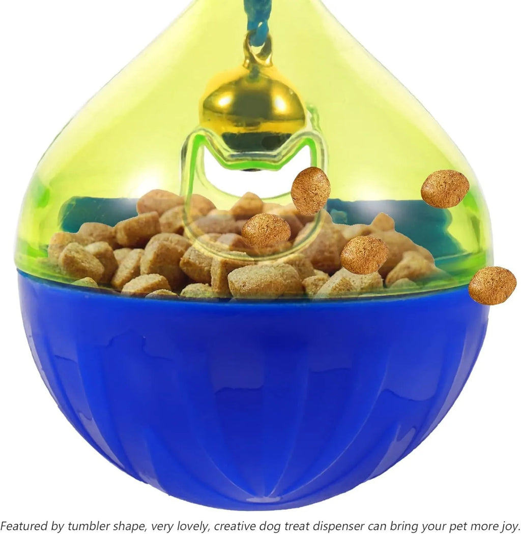 Light grey interactive pet treat dispenser ball with tumbler shape on a wooden floor.