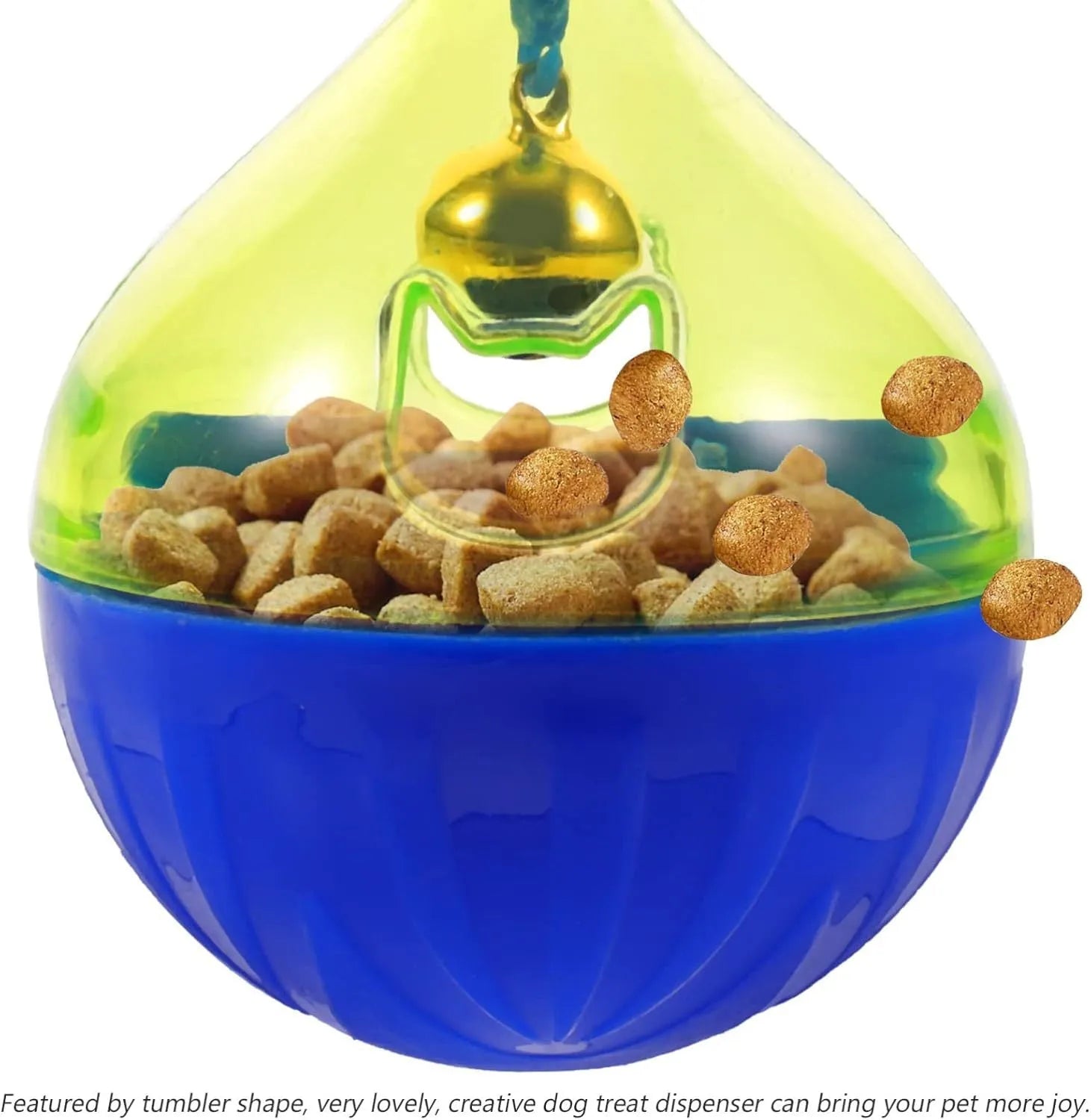 Light grey interactive pet treat dispenser ball with tumbler shape on a wooden floor.