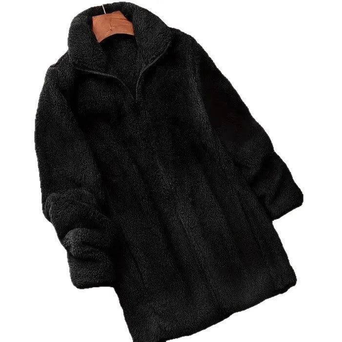 Double-sided fleece jacket in black, navy blue, or khaki colours, showing soft velvet texture and casual fit.