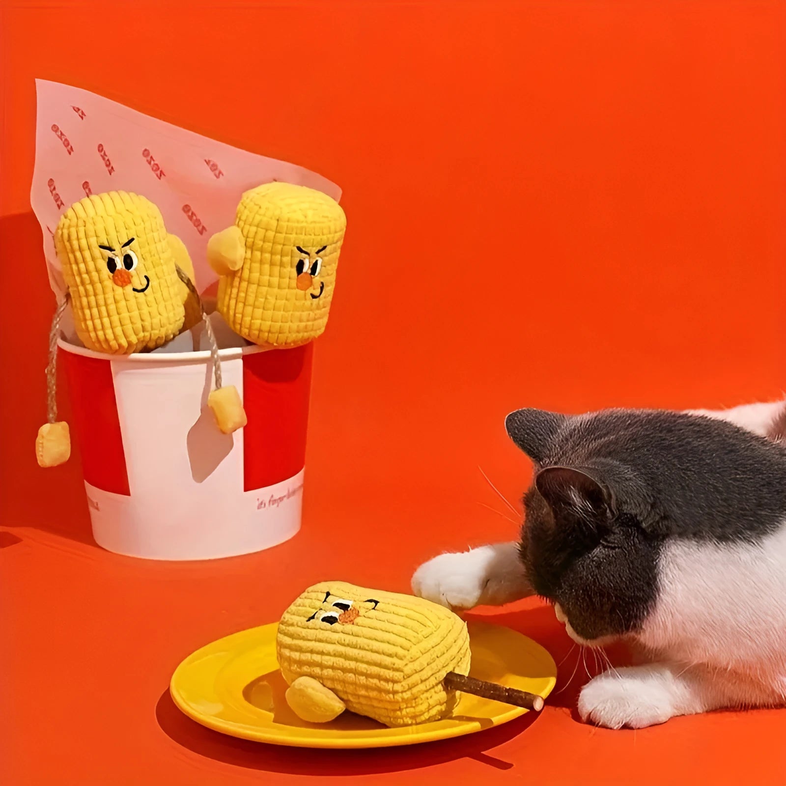 Corn cob shaped cat chew toy made from natural polio wood with catnip, measuring 7cm by 6cm by 15cm.