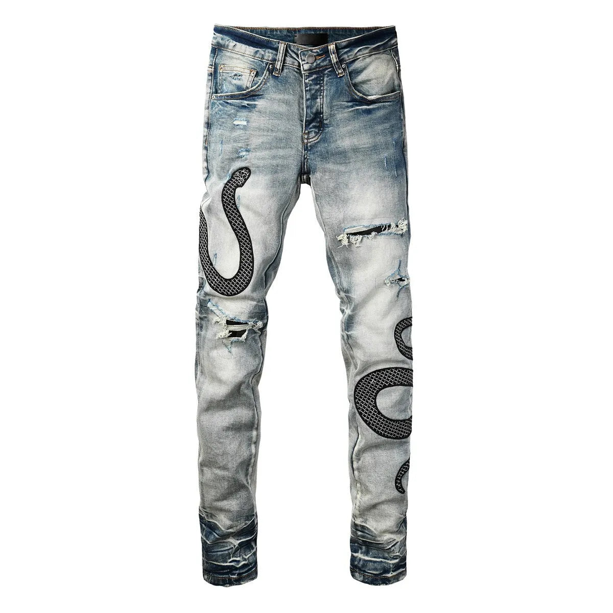 8934Blue distressed skinny jeans with a retro wash and button fly on a mid waist