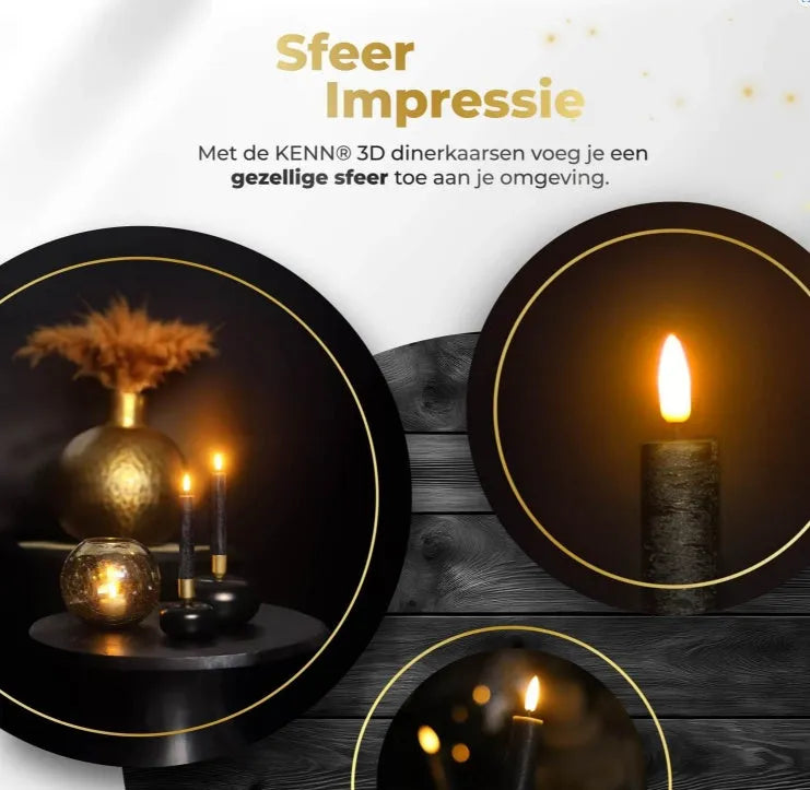 Black S2 3D Flame LED Taper Candle measuring 2.2cm diameter and 18cm height with realistic flickering light effect