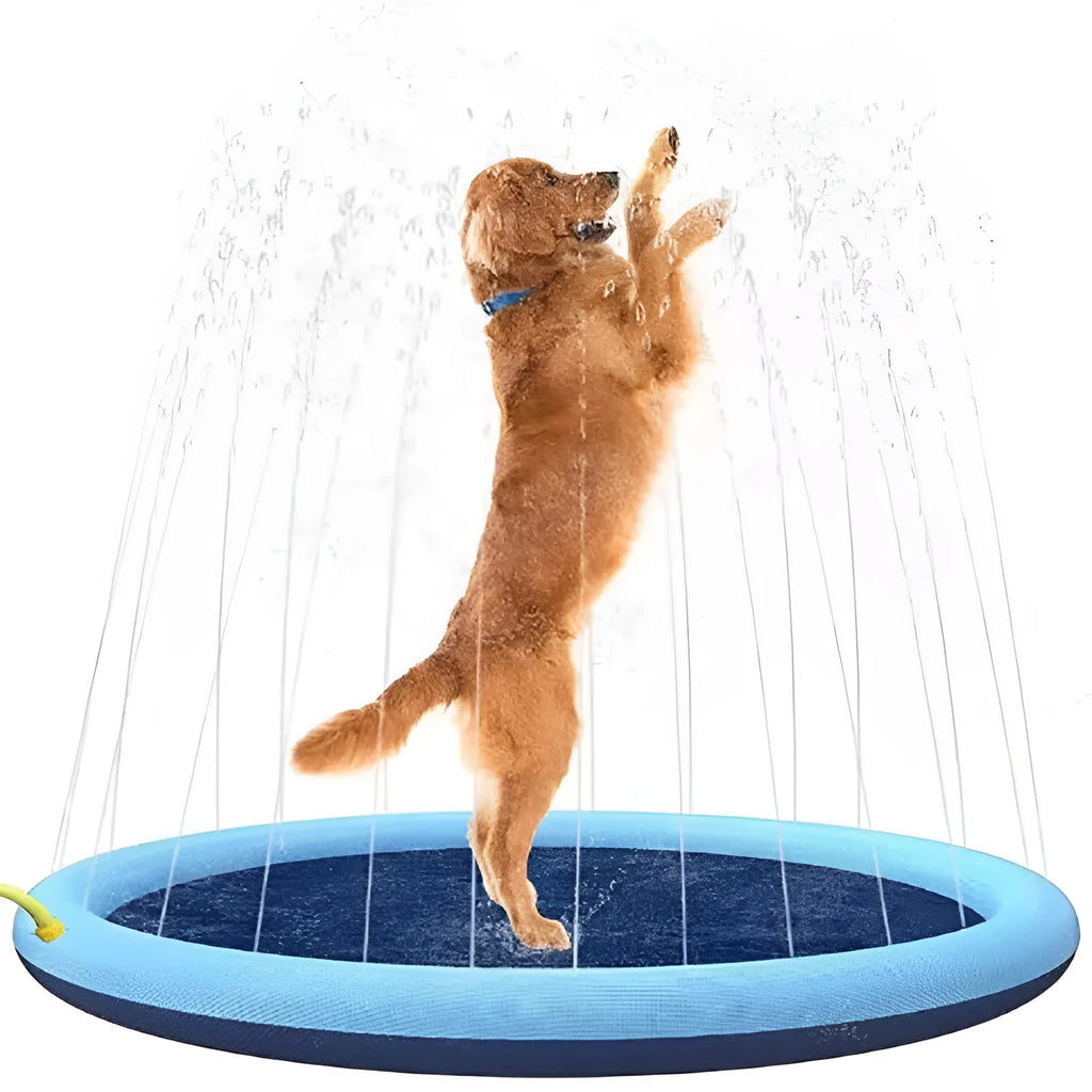 Anti-slip dog splash pad with sprinkler jets, shown in a garden setting.