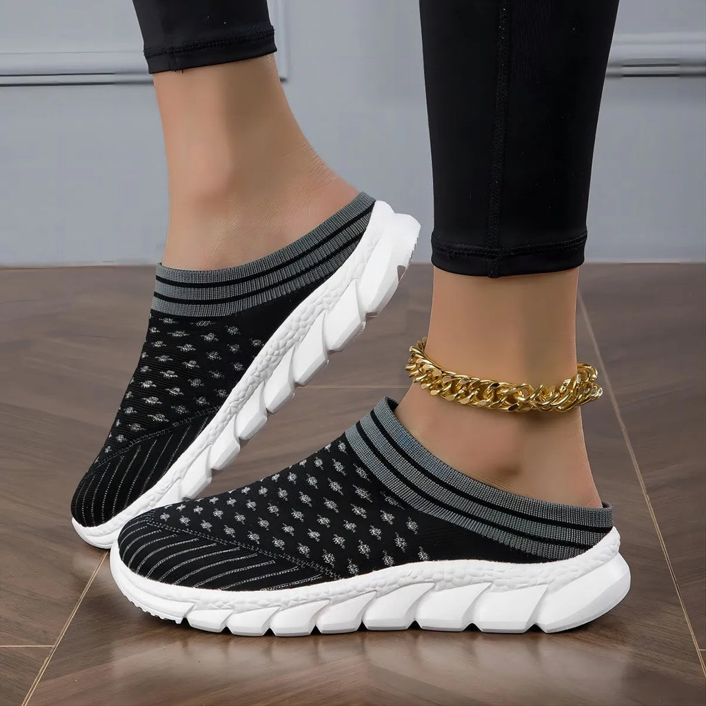 Women's Flyknit semi-slipper shoes in striped pattern with hollowed-out breathable design