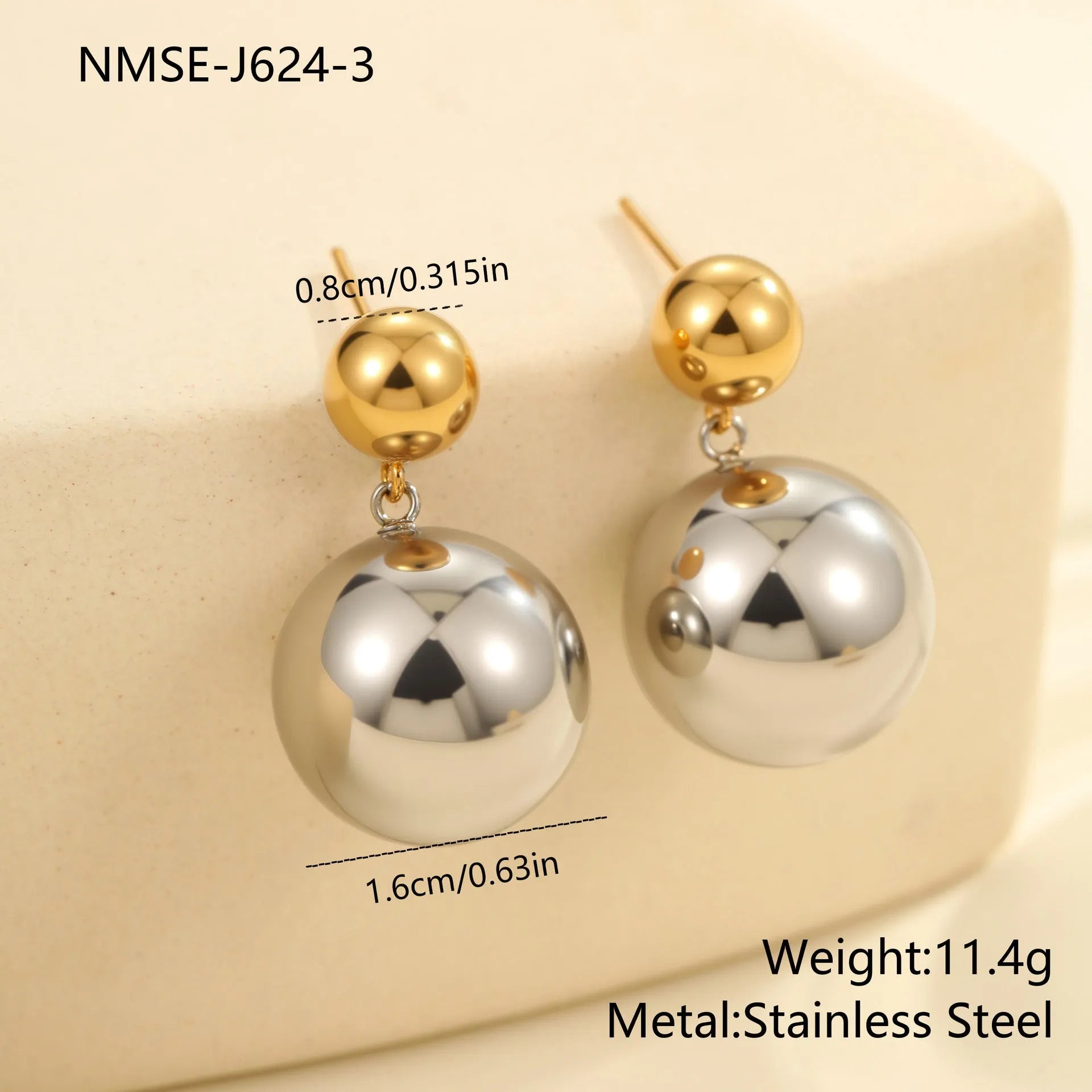 Round beads stainless steel color-block ear studs with 18K gold plated geometric sphere design for women