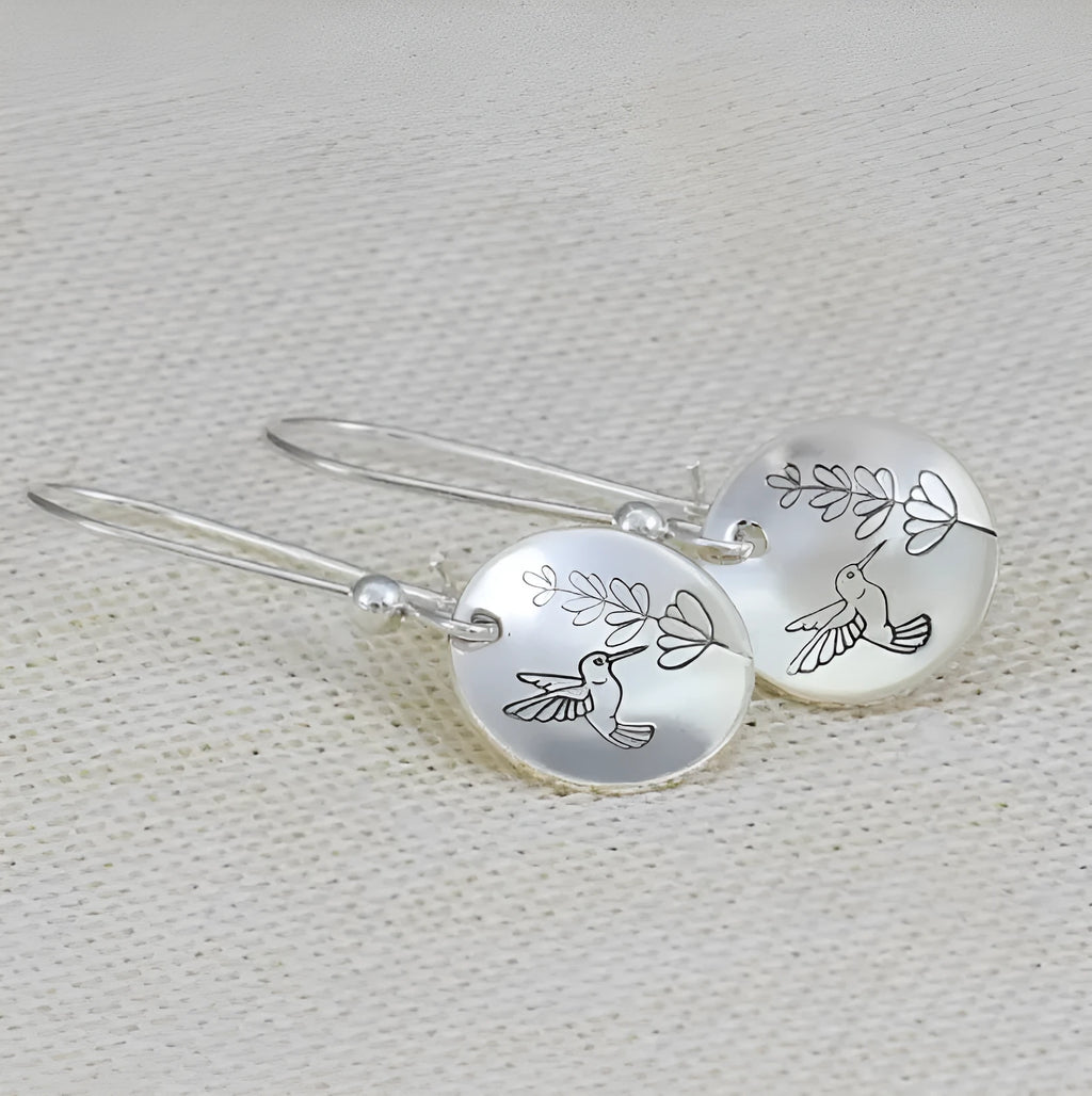 Silver women's earrings with glossy round retro bird and floral design in zinc alloy