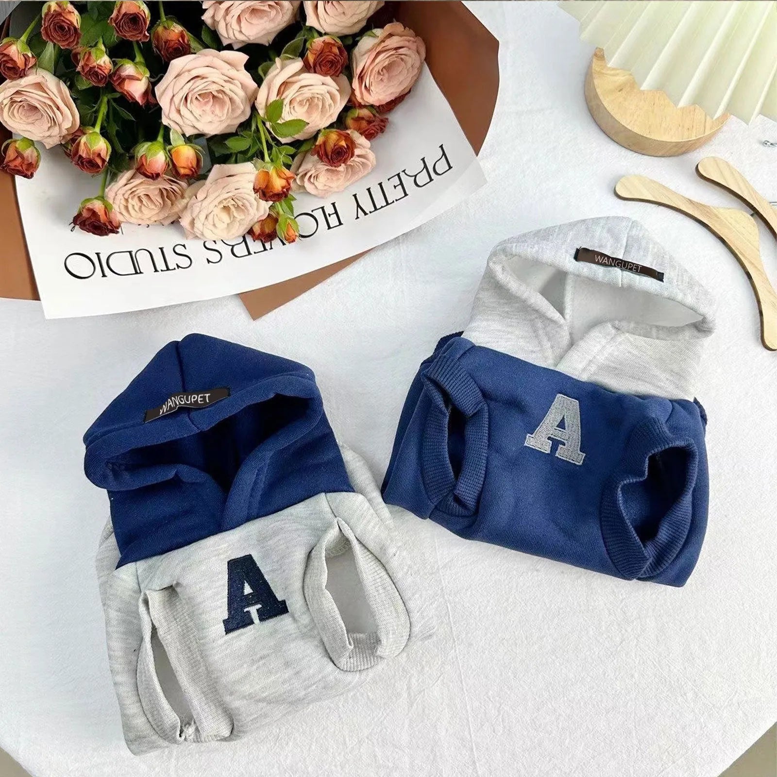 Blue and grey white pet hoodie sweater with reflective letters for cats and dogs