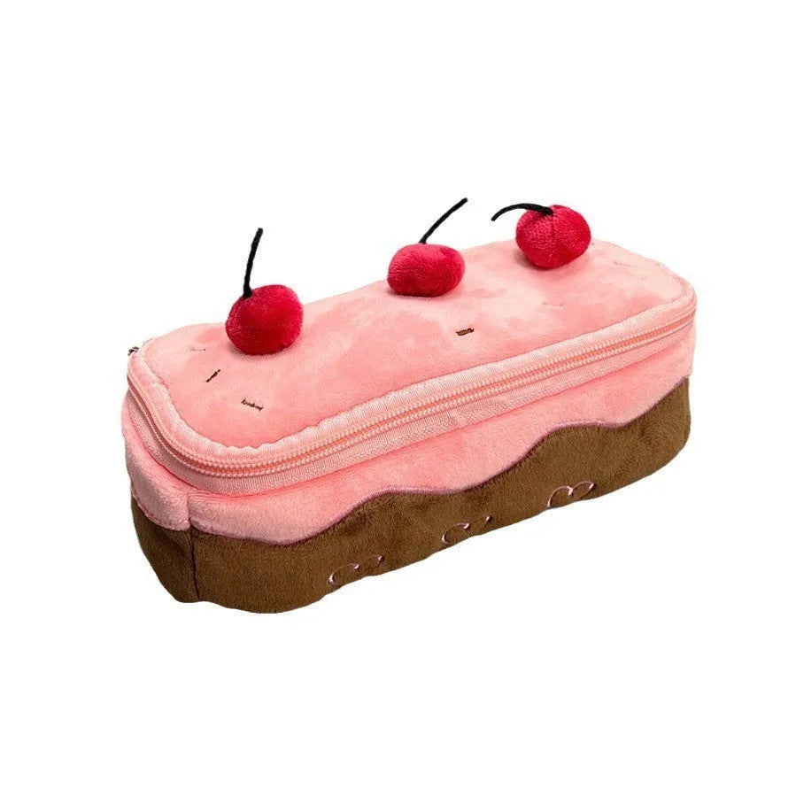 Korean style velvet pencil case with plush cherry cake design on soft fabric pen bag
