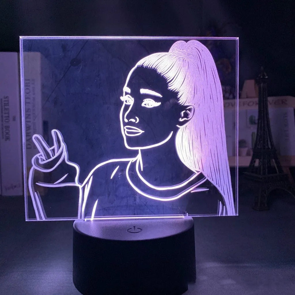 Acrylic 3D night light with European styling and colourful black base, showing dimensions