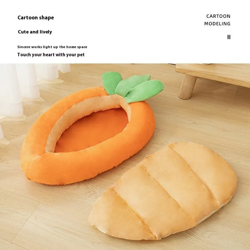 Orange carrot cartoon dog bed with removable cloth cover in medium and large sizes