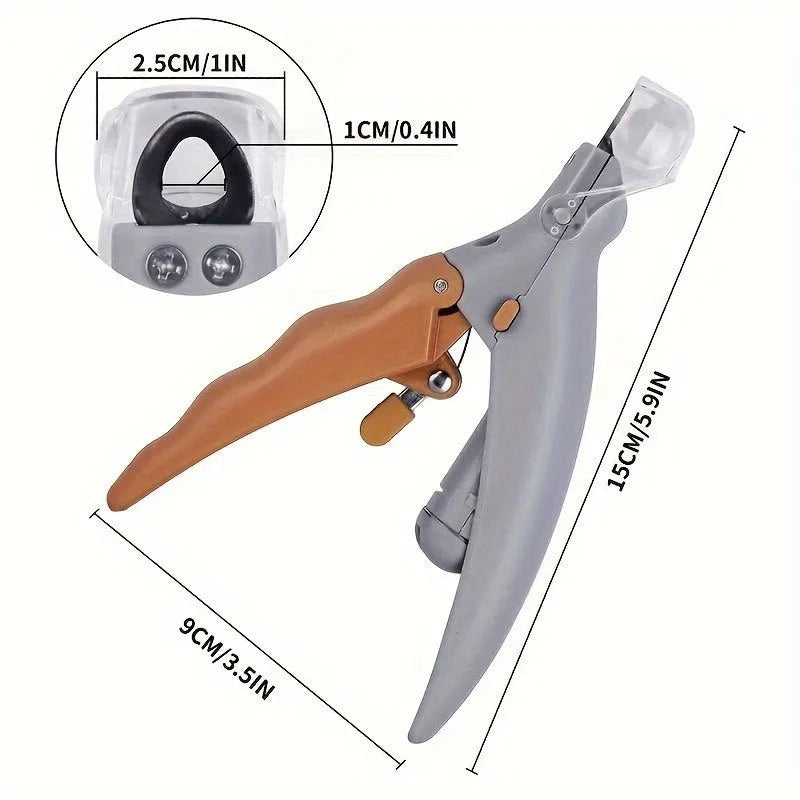 Yellow LED pet nail trimmer with magnifying glass, showing the cutting head and ergonomic handle.