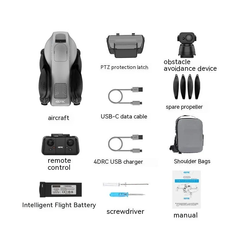 White folding quadcopter drone with 4K camera and obstacle avoidance sensors in unfolded position