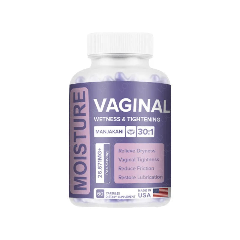 Bottle containing 60 vaginal capsules for adult women's intimate care supplement