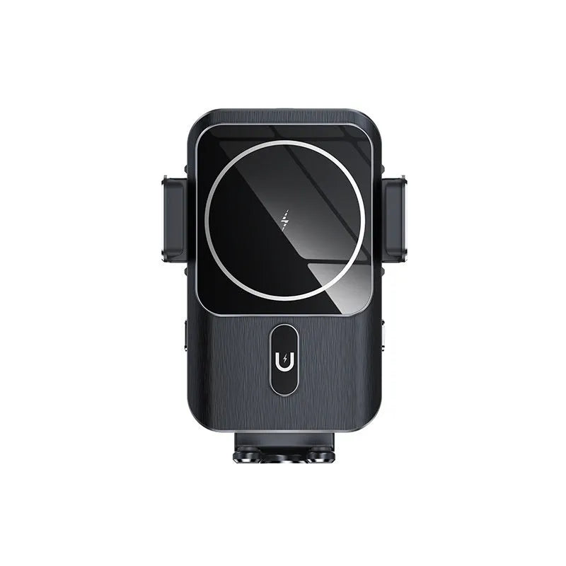 Black car wireless charger mobile phone holder with 15W fast charging featuring suction cup and clip bracket options