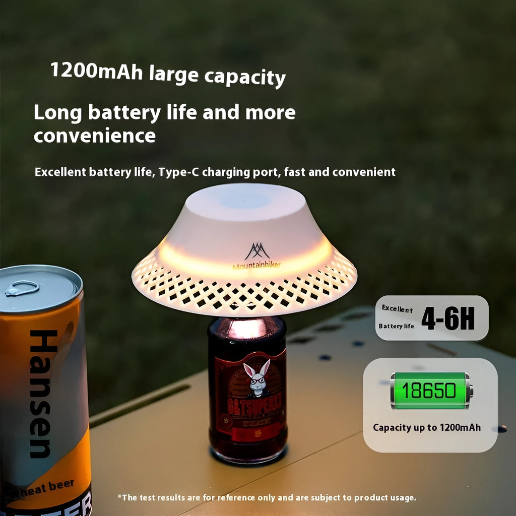 Beige wine bottle-shaped rechargeable camping lantern showing its size and USB-C port.