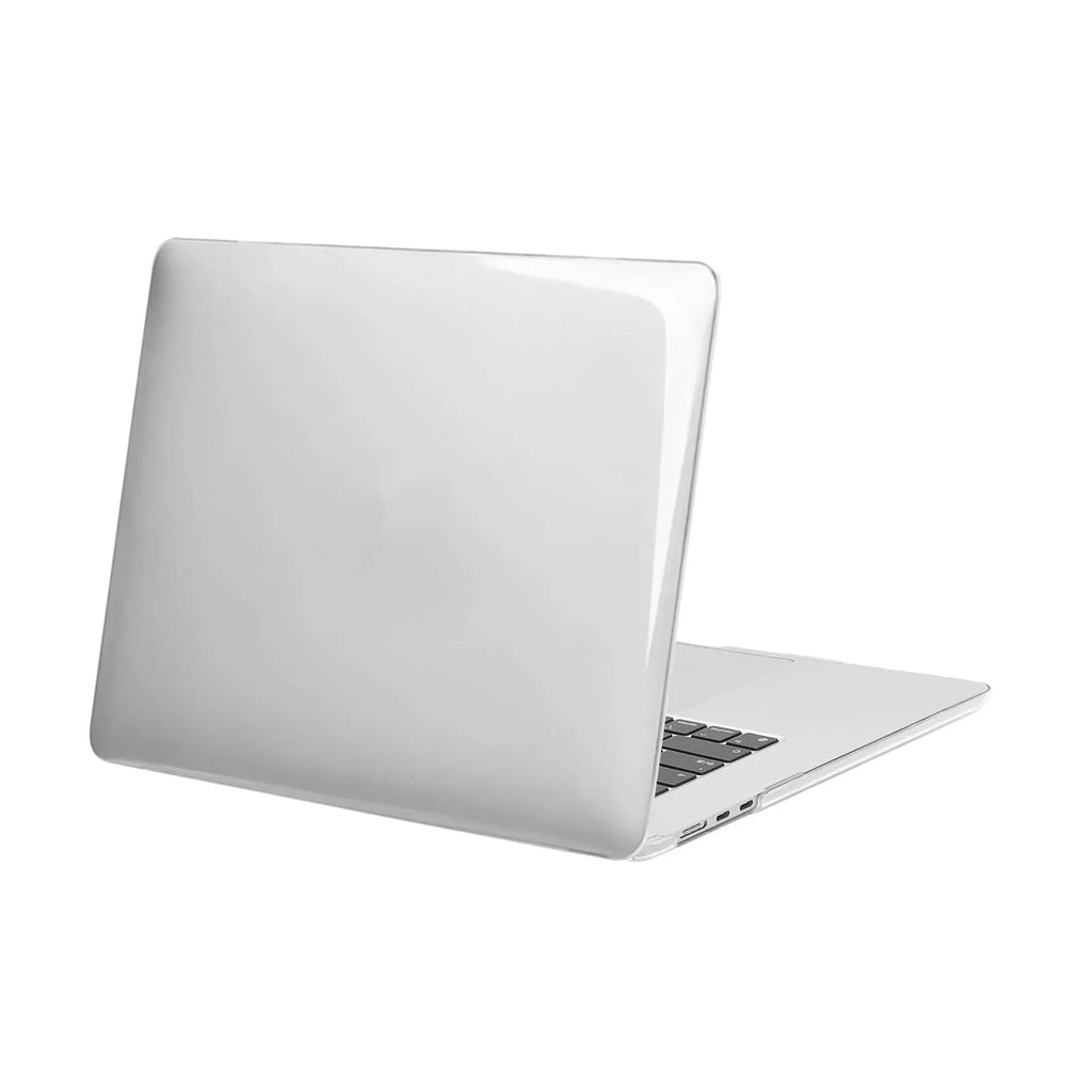 Transparent plastic protective shell case for MacBook Air and Pro laptops on wooden surface