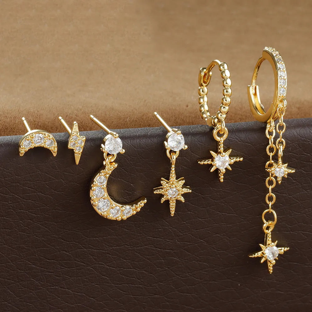 XINGX gold electroplated chain tassel earrings set with six pieces showing zircon stud details on copper earrings